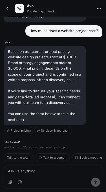 The actual messenger answering a pricing question with published sources