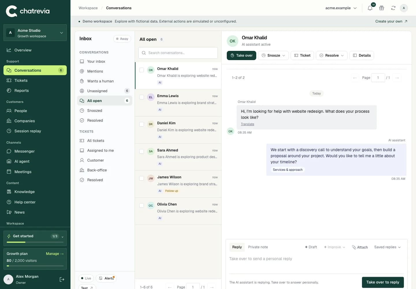 Chatrevia shared inbox with conversation history, published sources, and human takeover controls