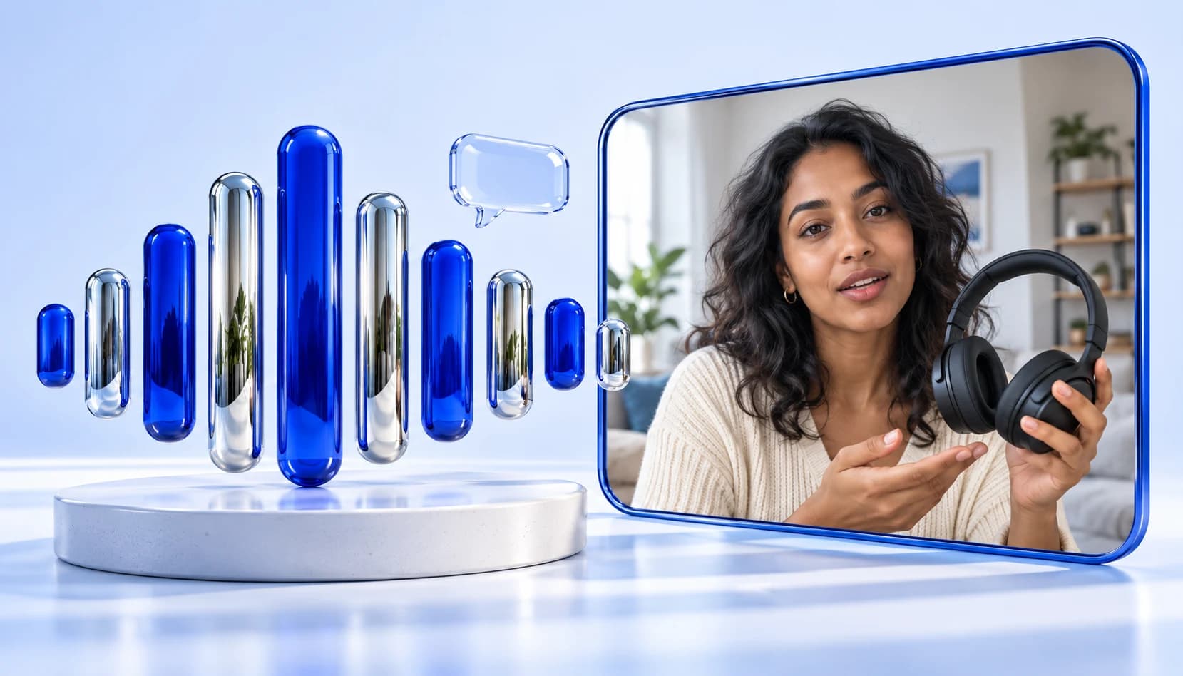 Campaign illustration of a cobalt and chrome sound sculpture beside a customer showing headphones on a video call.