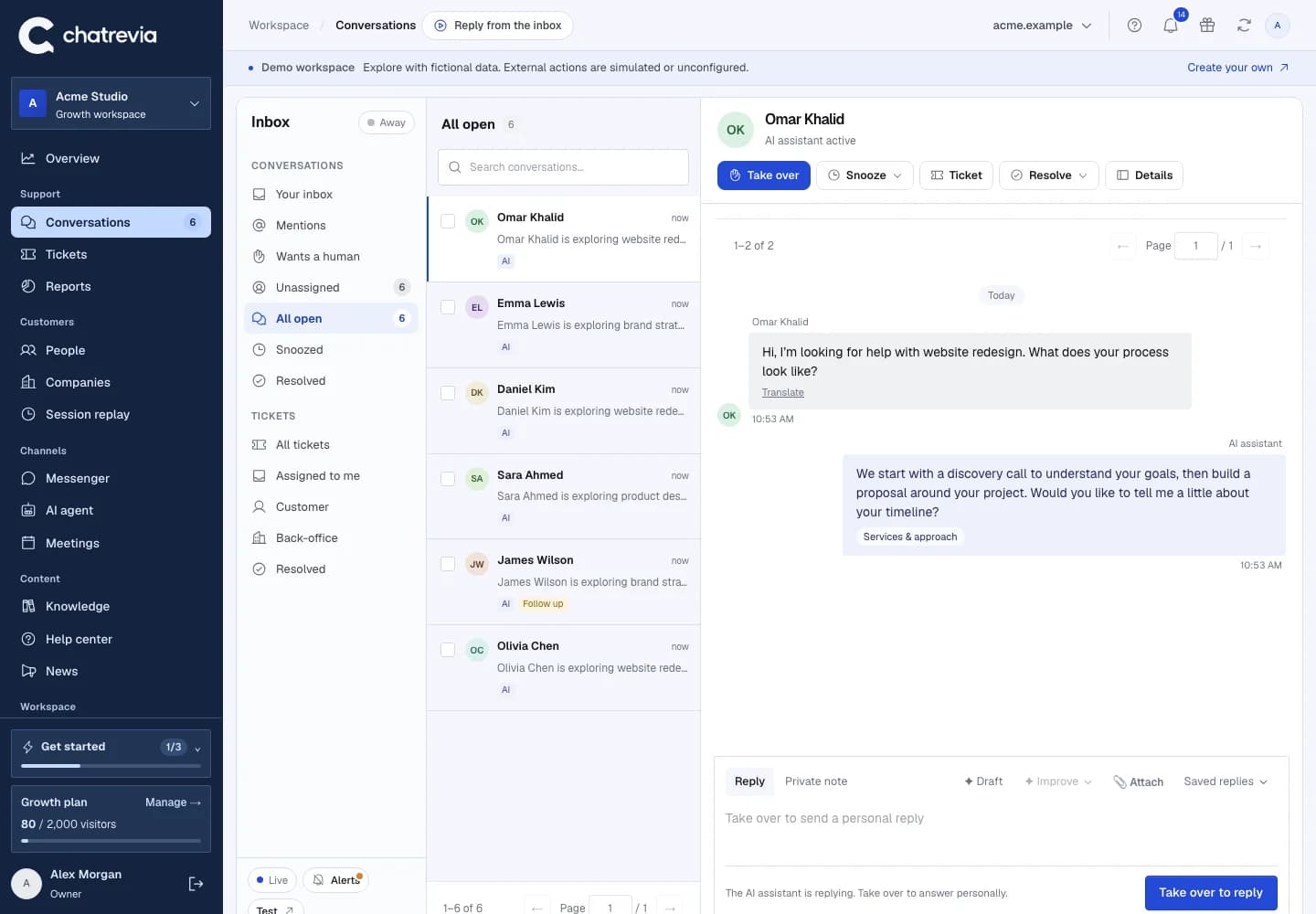 Chatrevia shared inbox with conversation history, published sources, and human takeover controls