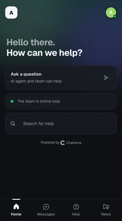 Actual messenger home with help search and a conversation entry point