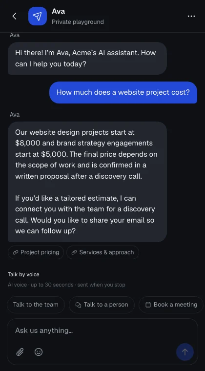AI messenger · Actual product, fictional demo workspace