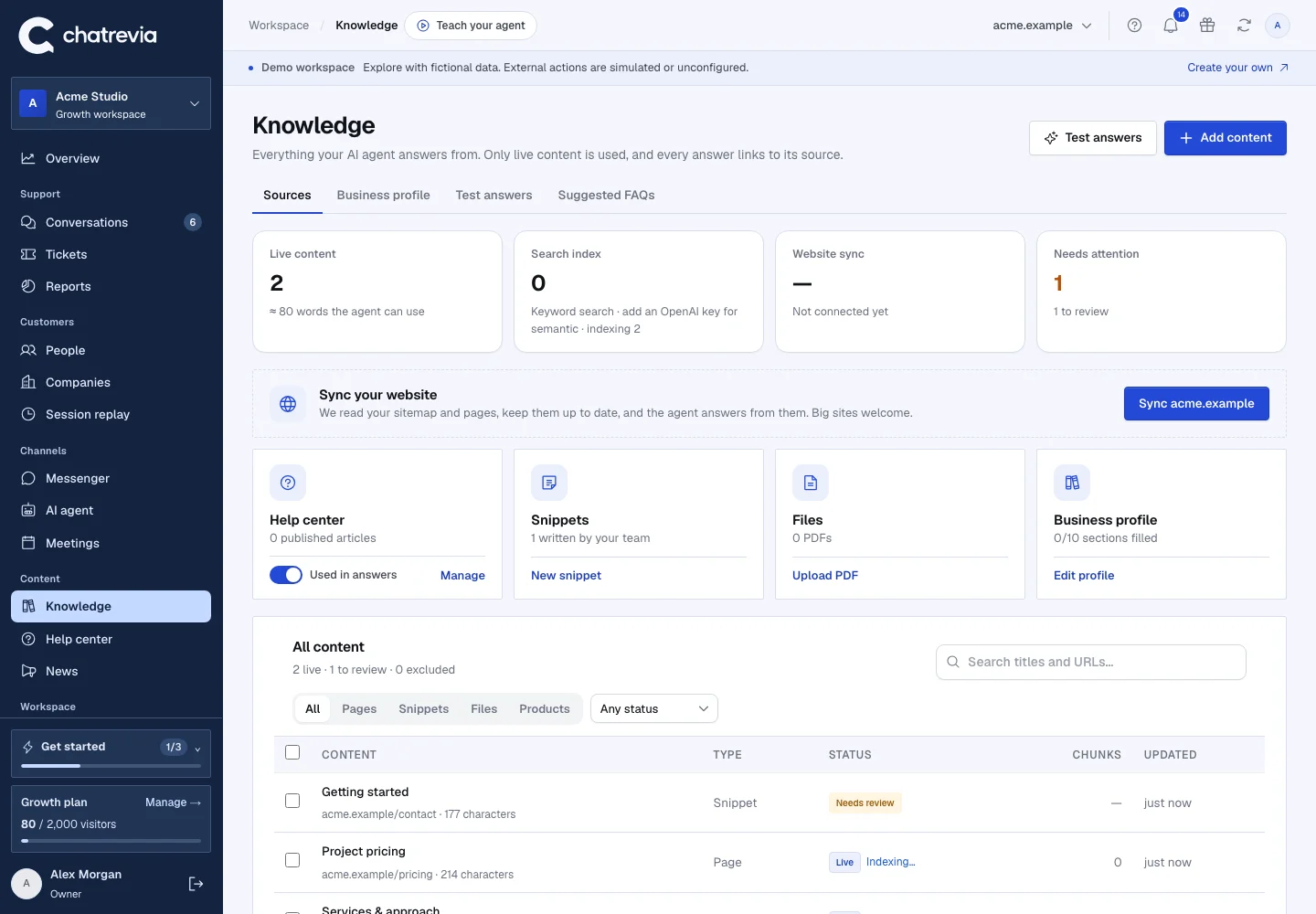 Knowledge admin showing published pages, FAQs, and documents in the real application