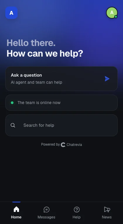 Actual messenger home with help search and a conversation entry point